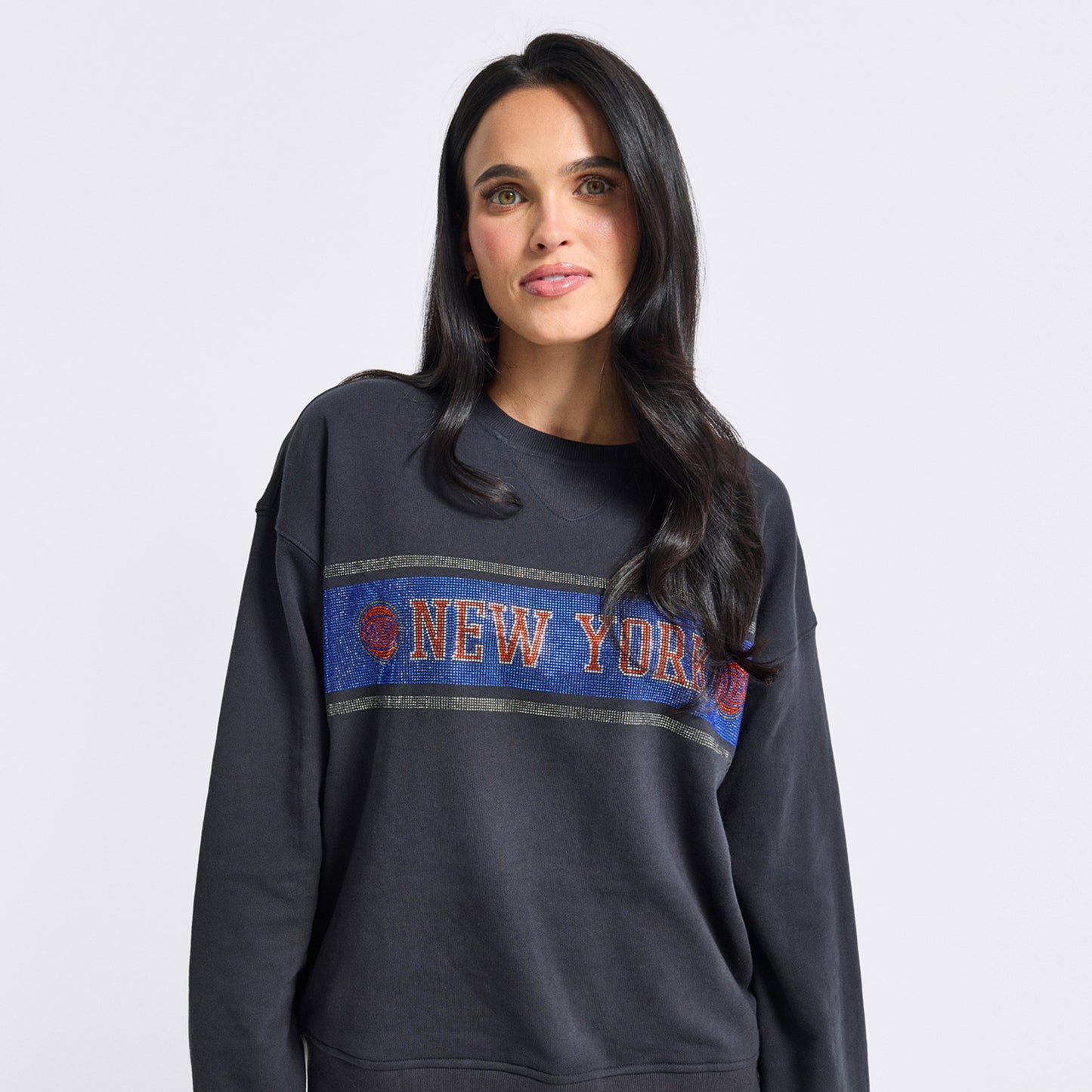 Terez Knicks Black New York Gemstone STripe Logo Crew - Front View