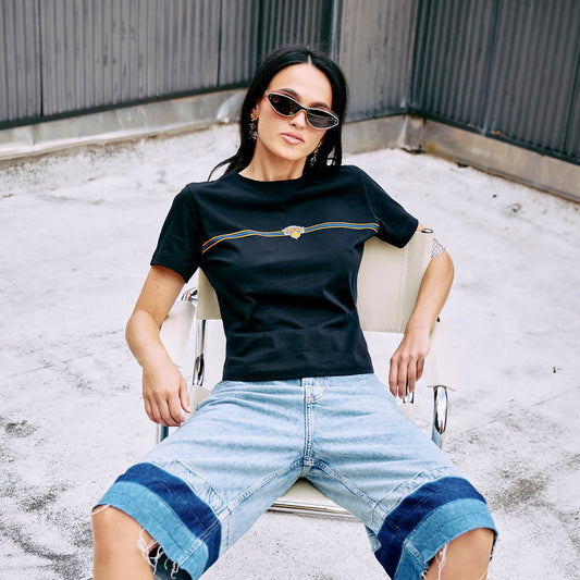 Terez Knicks Black Baby Tee - Front Model View