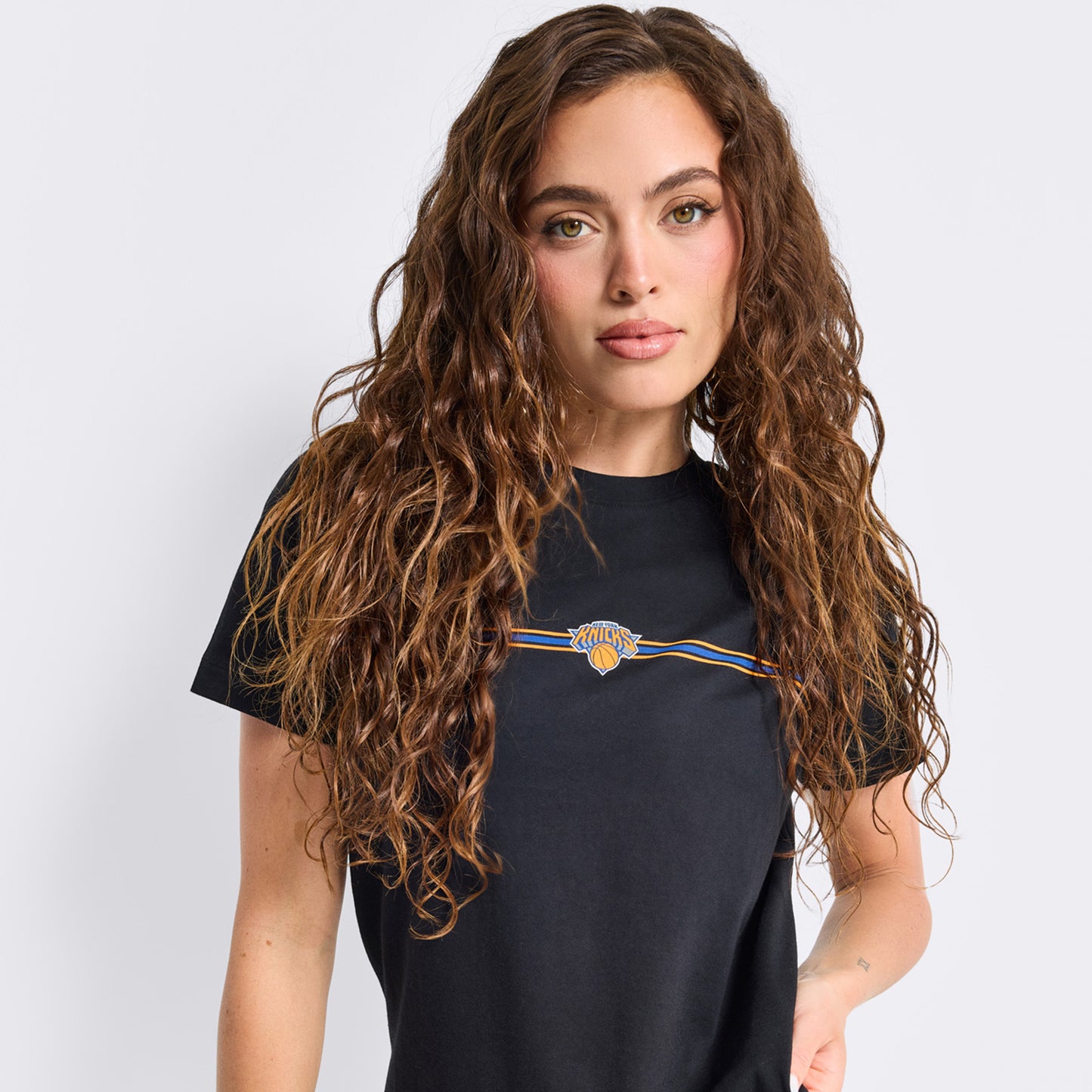 Terez Knicks Black Baby Tee - Front Model View