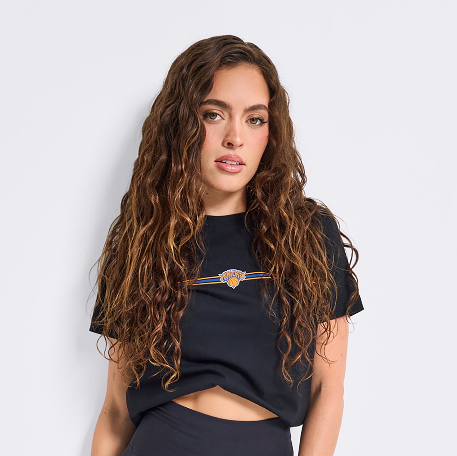 Terez Knicks Black Baby Tee - Front Model View