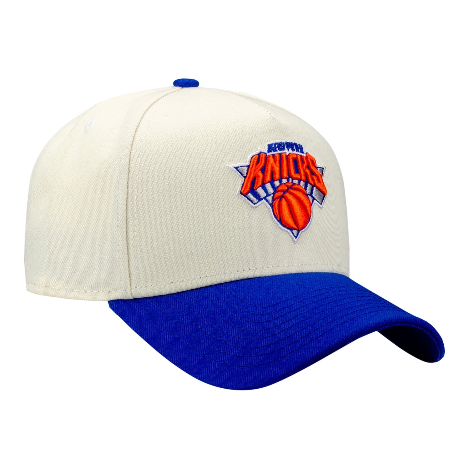 New Era Knicks Primary Logo Two-Tone Chrome/Royal 940 A-Frame Snapback -  Front Right View