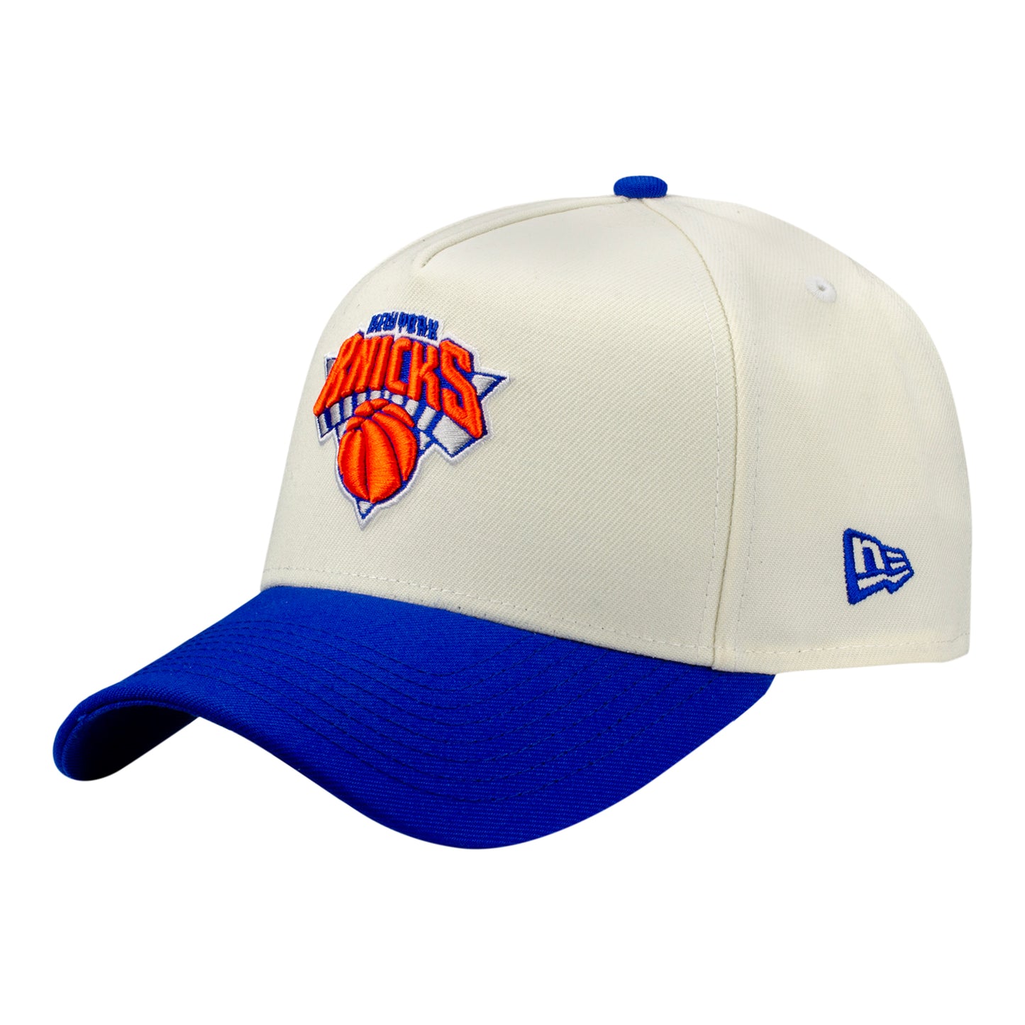 New Era Knicks Primary Logo Two-Tone Chrome/Royal 940 A-Frame Snapback -  Front Left View
