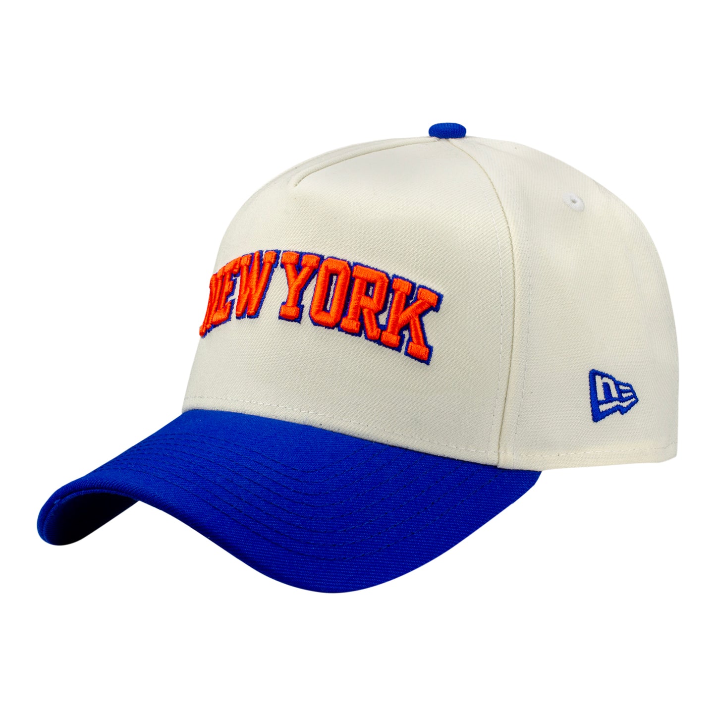 New Era Knicks New York Wordmark Two-Tone Chrome/Royal 940 A-Frame Snapback In White - Front Left View
