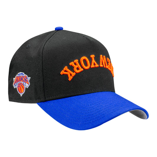 New Era Knicks Upside Down Two-Tone Black/Royal 940 A-Frame Snapback - Front Right View