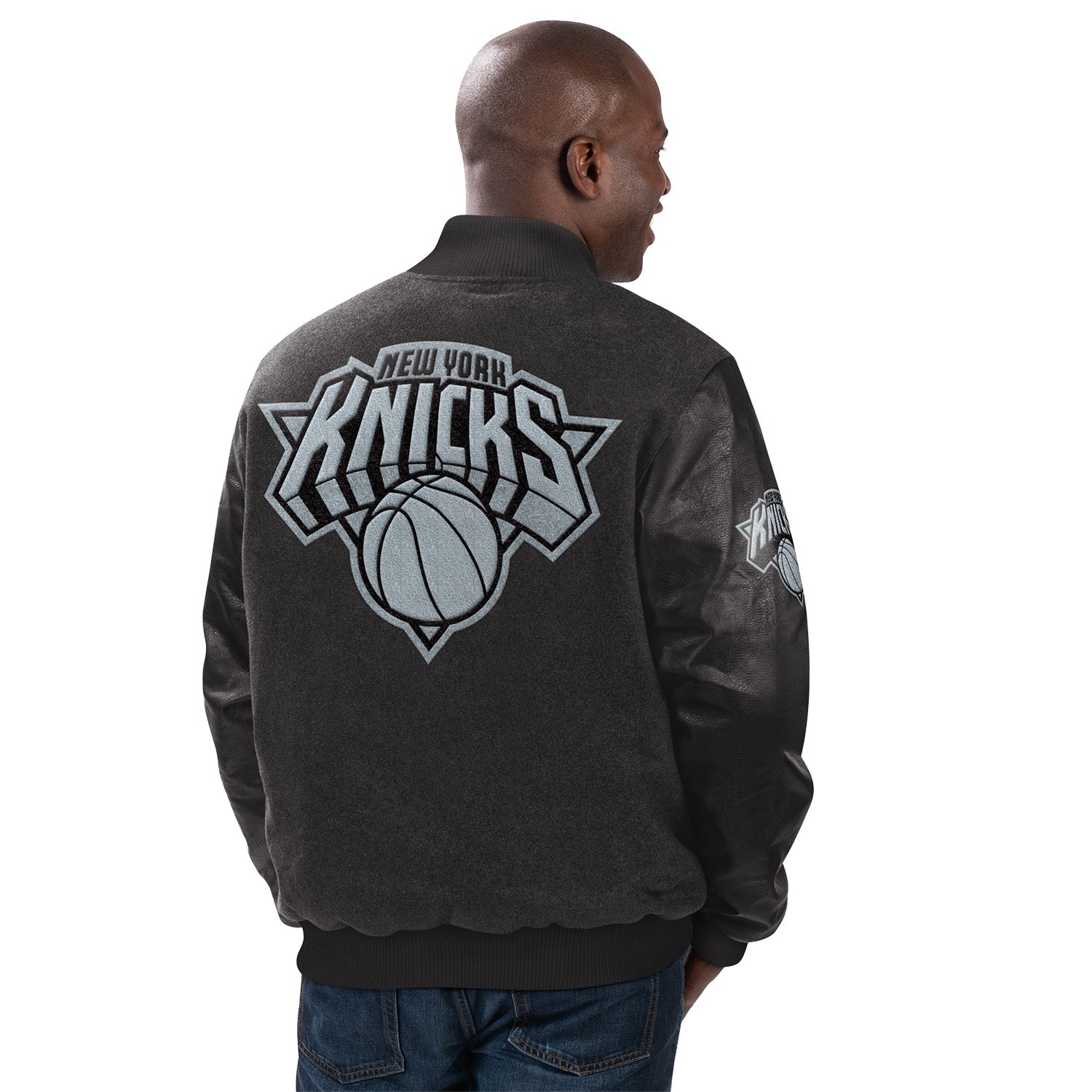 GIII Starter Knicks Wool Leather Tonal Jacket - In Black - Back View