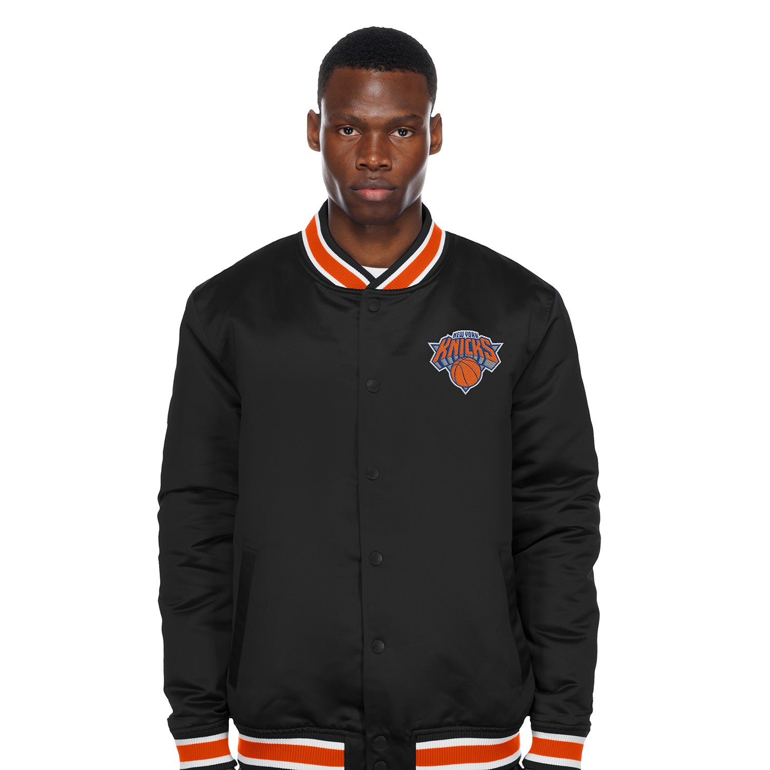 New Era Knicks Sport Classic Snap Front Black Satin Jacket – Shop