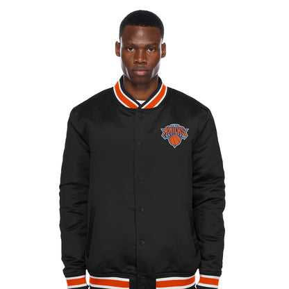 New Era Knicks Sport Classic Snap Front Black Satin Jacket - Front View