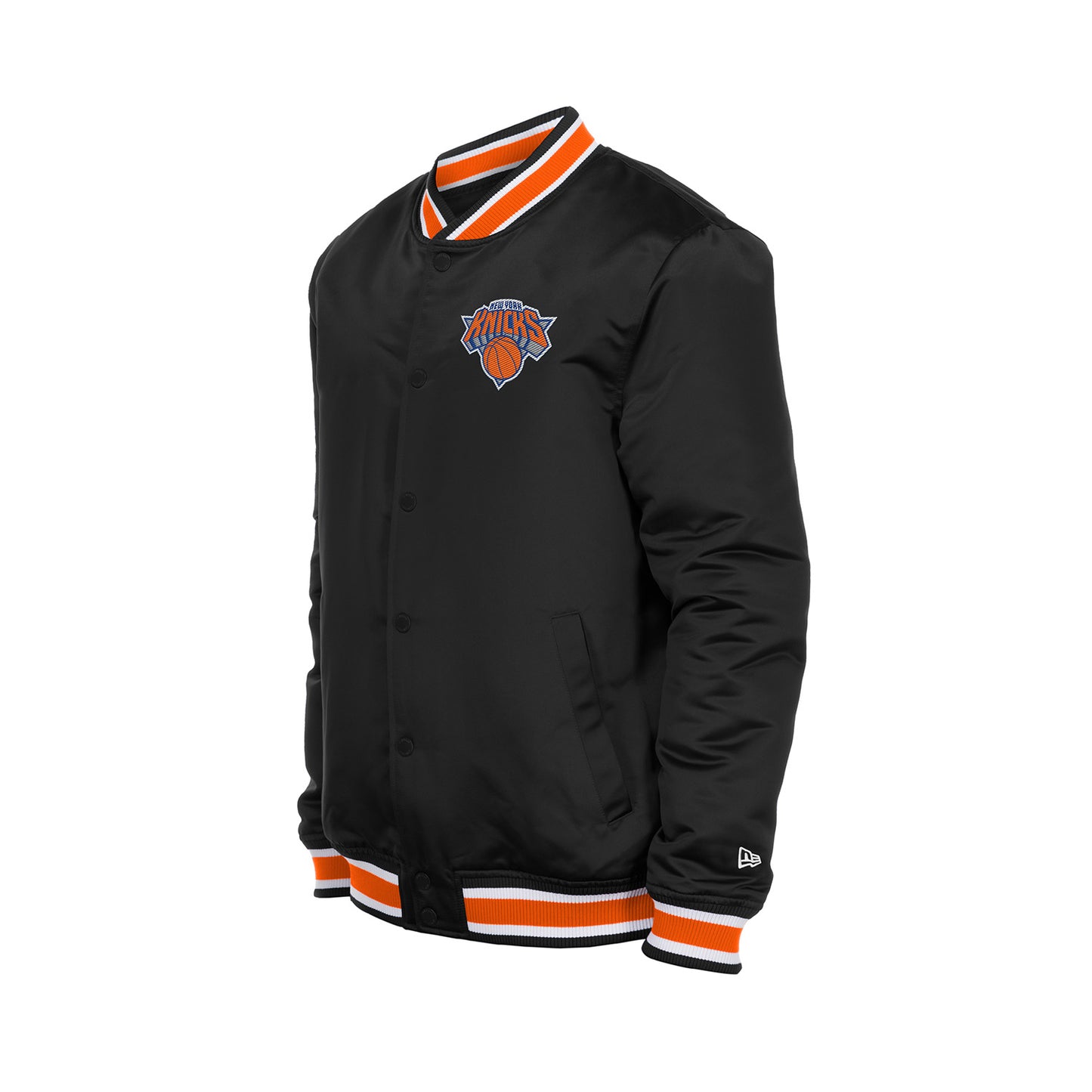 New Era Knicks Sport Classic Snap Front Black Satin Jacket - Front View