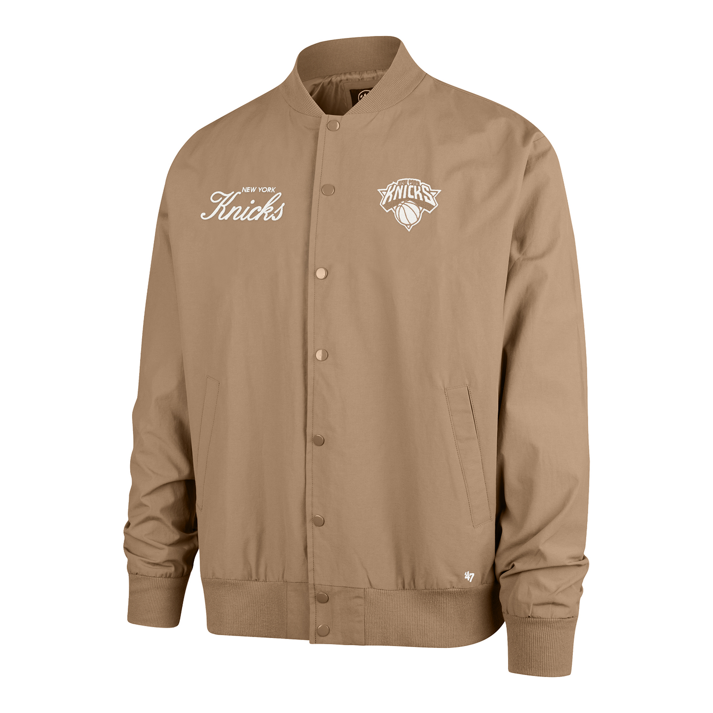 47 Brand Knicks Portabella Euro Step Twill Bomber Jacket In Brown - Front View