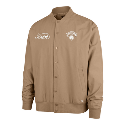 47 Brand Knicks Portabella Euro Step Twill Bomber Jacket In Brown - Front View