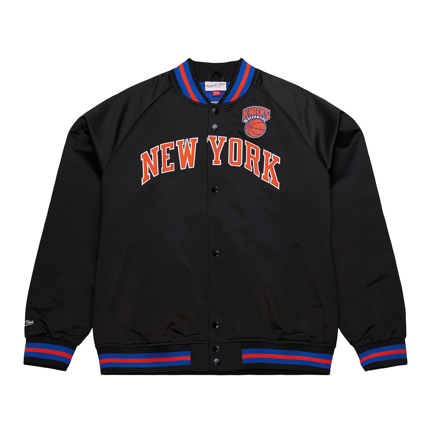 Mitchell & Ness Knicks Black Vintage Wordmark Lightweight Satin Jacket - Front View