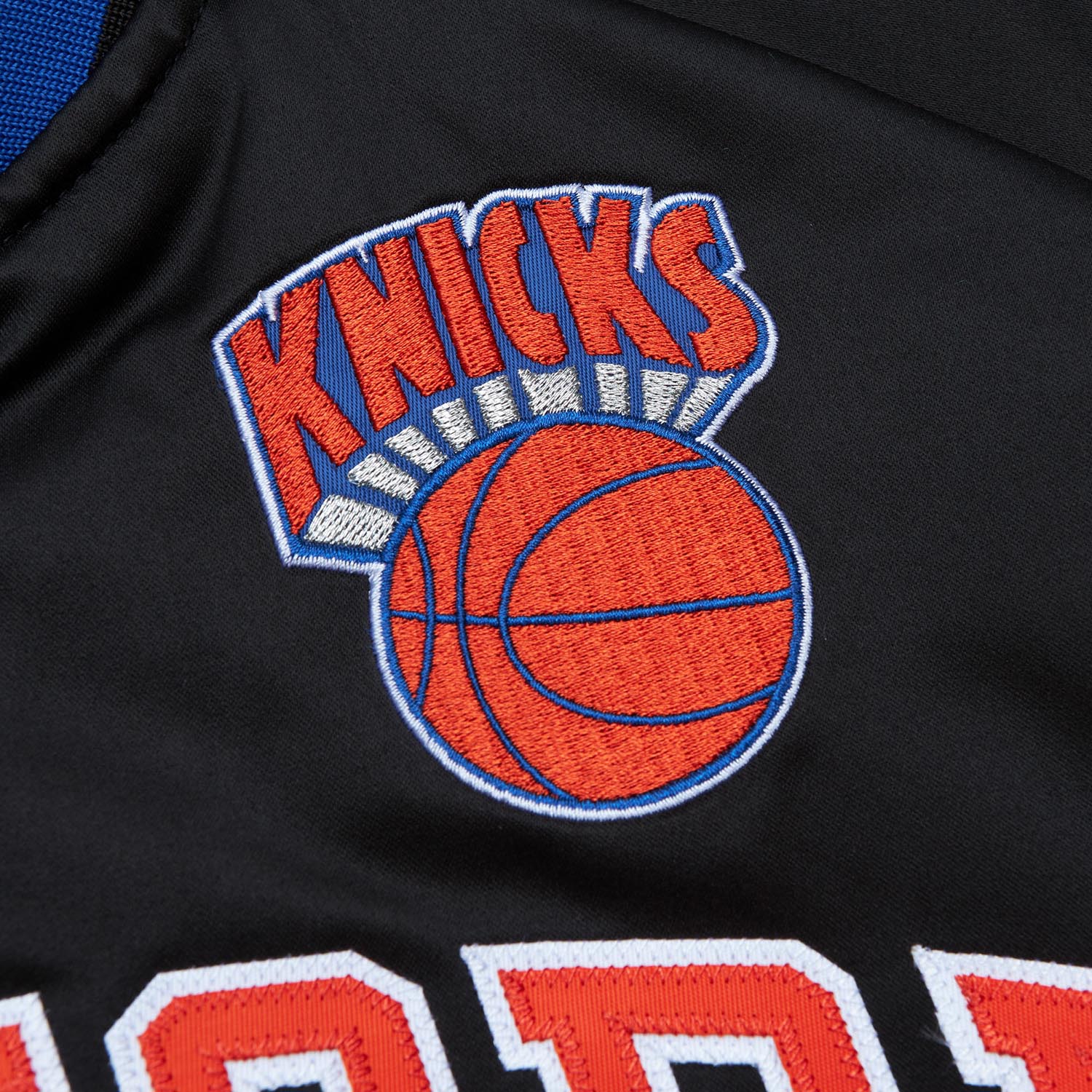 Mitchell & Ness Knicks Black Vintage Wordmark Lightweight Satin Jacket - Patch View