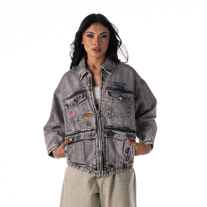 Wild Collective Knicks Oversized Cargo Denim Jacket - Front View