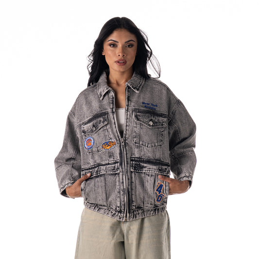 Wild Collective Knicks Oversized Cargo Denim Jacket - Front View