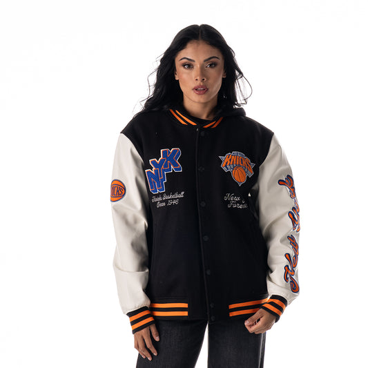 Wild Collective Knicks Hooded Varsity Jacket - Front View