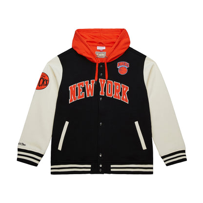 Mitchell & Ness Knicks Courtside Fleece Button Down Hooded Jacket - Front View