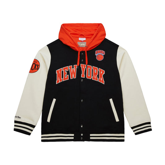 Mitchell & Ness Knicks Courtside Fleece Button Down Hooded Jacket - Front View