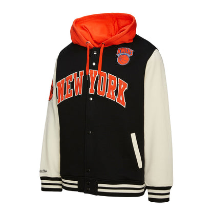 Mitchell & Ness Knicks Courtside Fleece Button Down Hooded Jacket - Front View