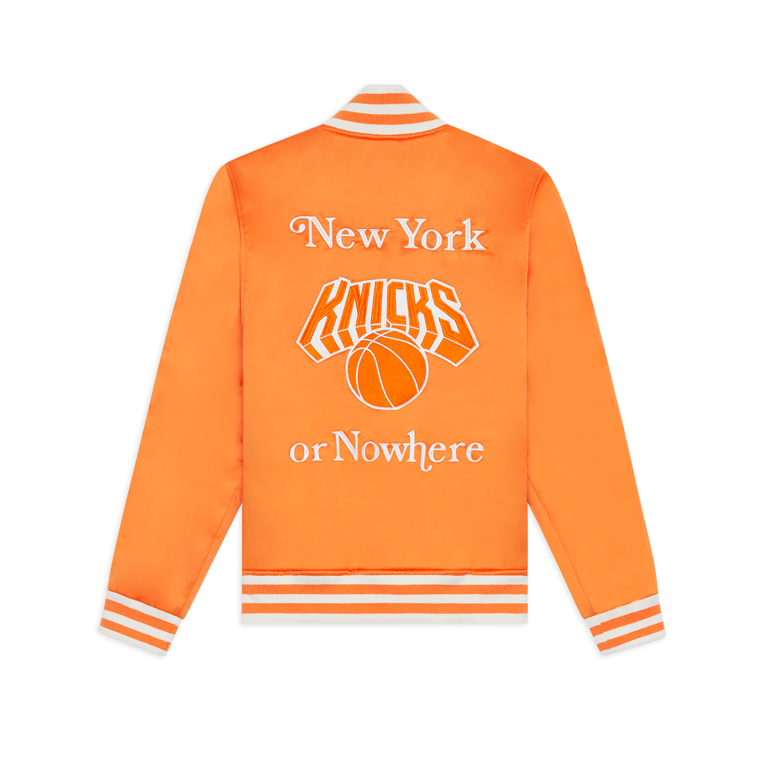 NYON x Knicks Give and Go Orange Satin Varsity Jacket - Back View