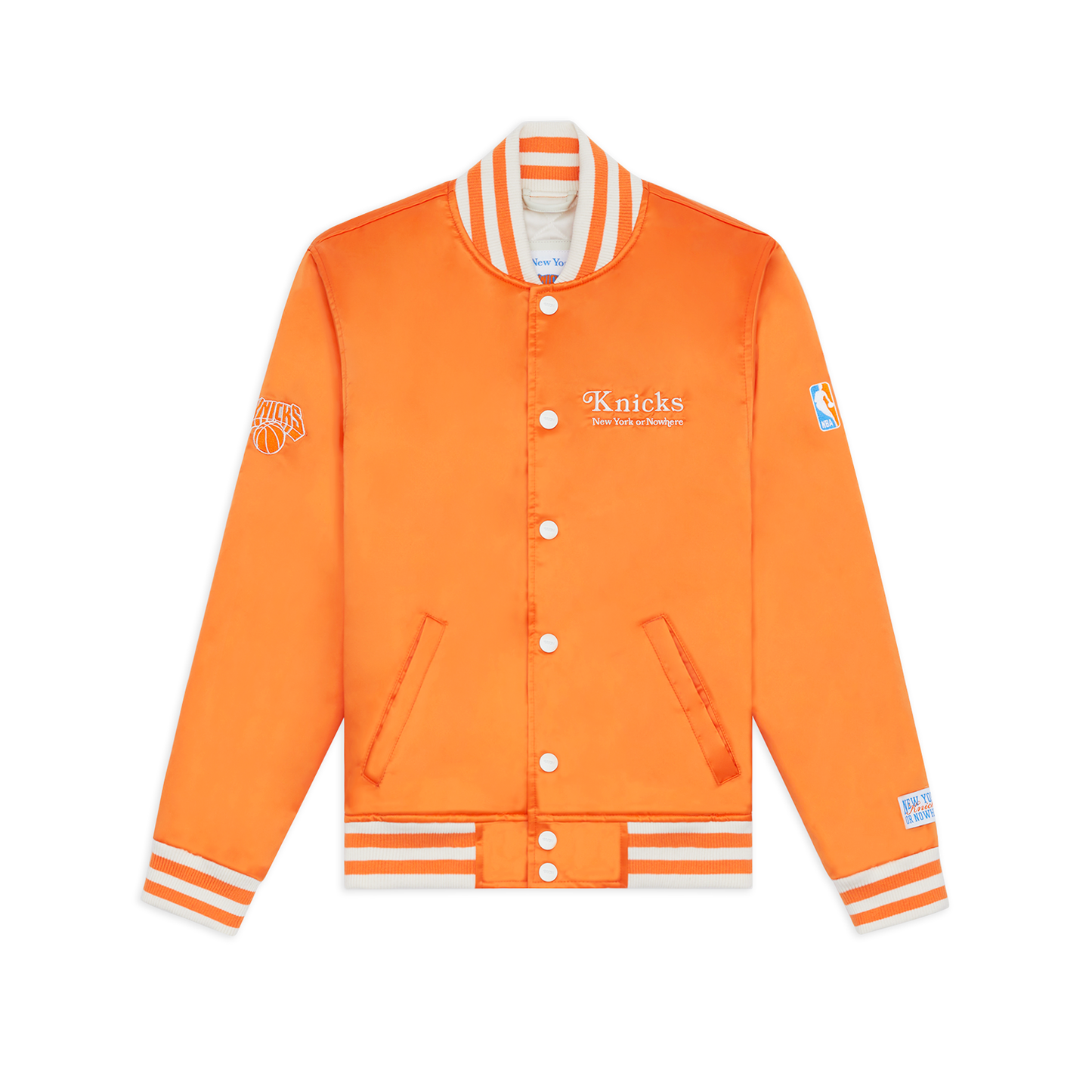 NYON x Knicks Give and Go Orange Satin Varsity Jacket - Front View