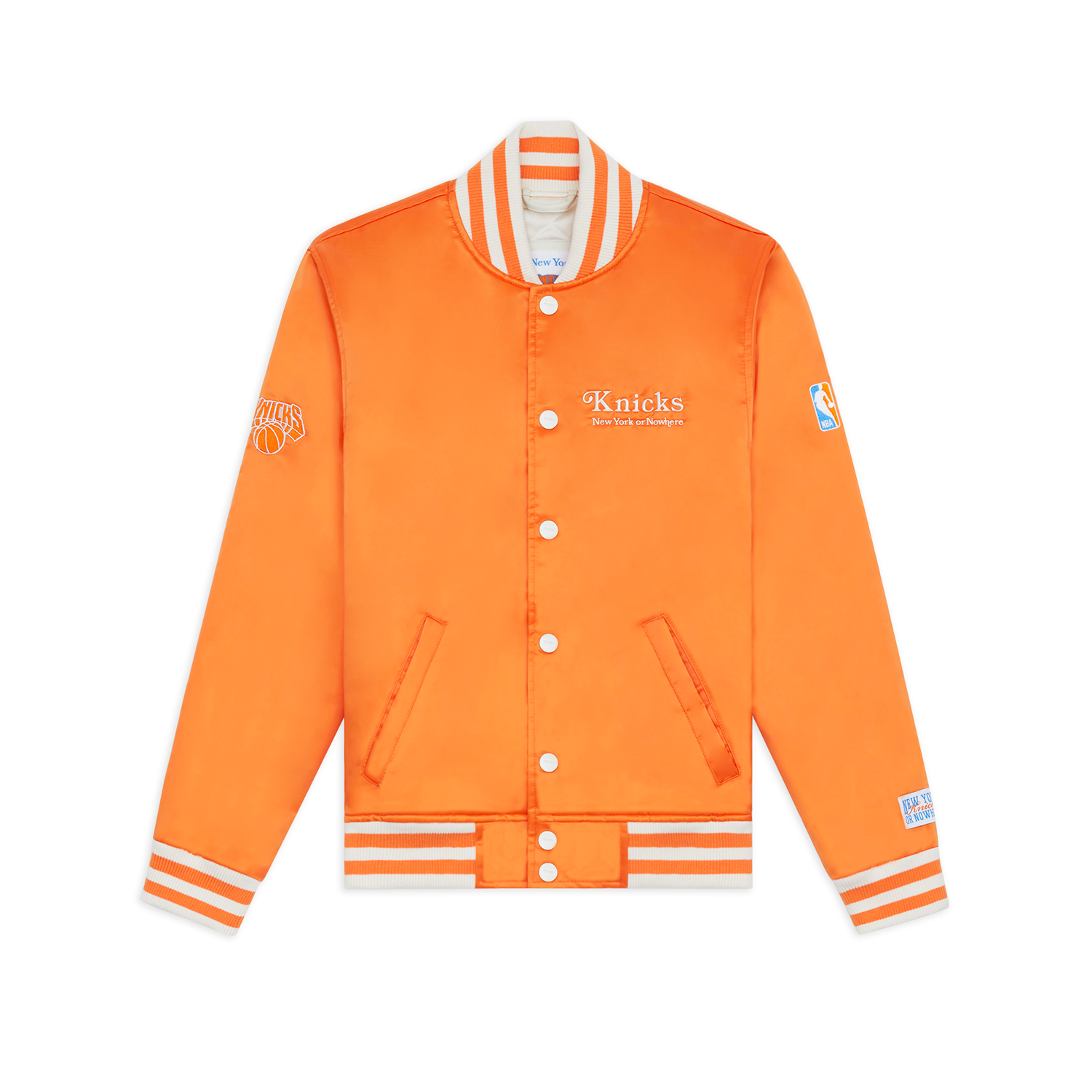 NYON x Knicks Give and Go Orange Satin Varsity Jacket - Front View