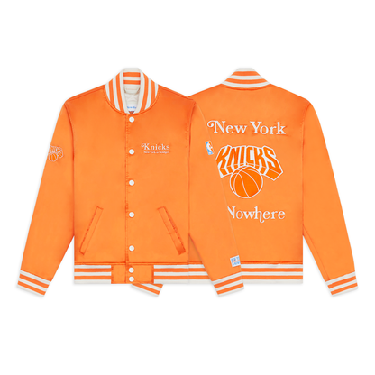 NYON x Knicks Give and Go Orange Satin Varsity Jacket - Full View