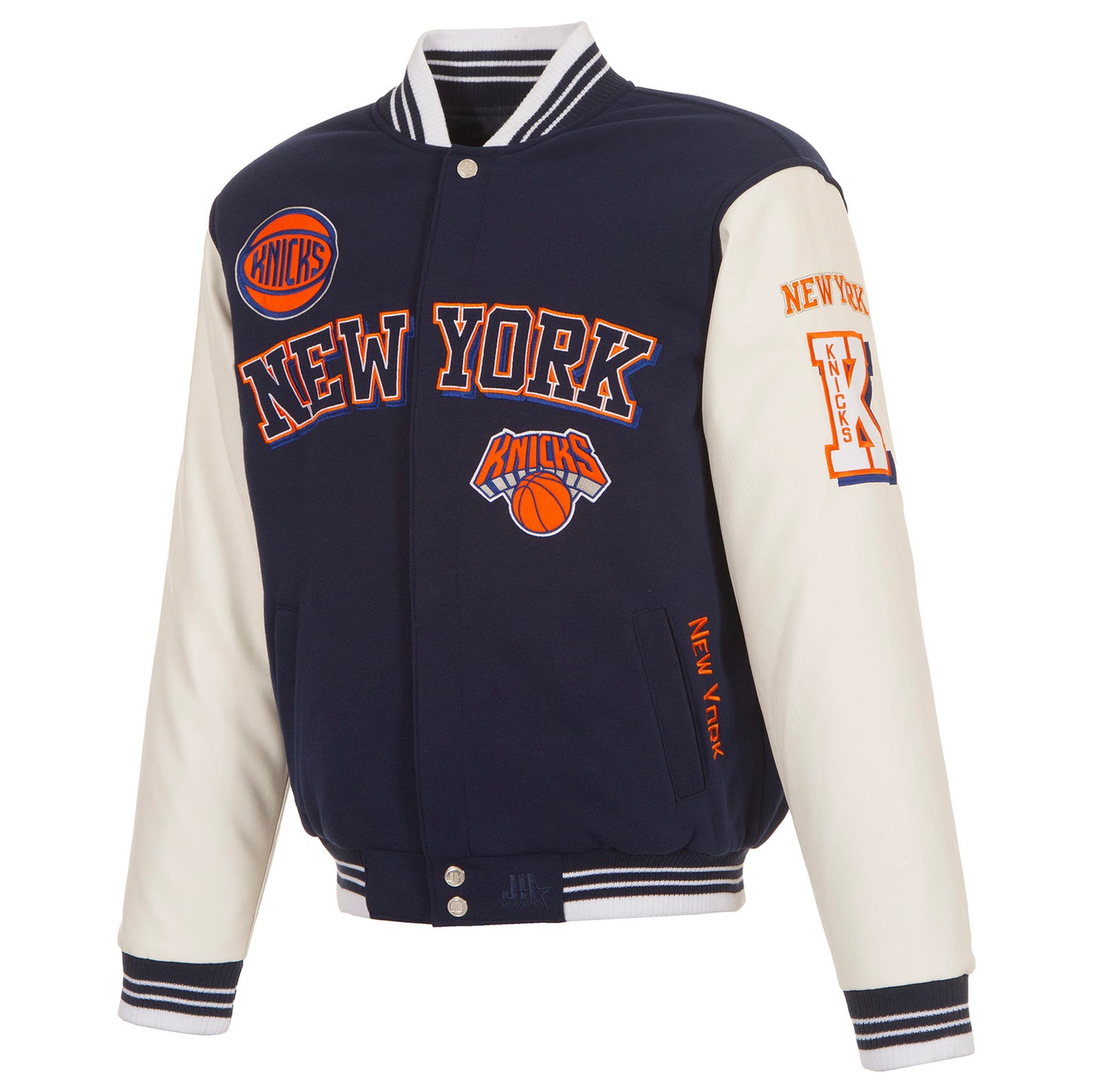 JH Design Knicks Two-Tone Navy/White Patched Varsity Jacket - Front View
