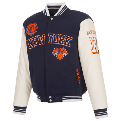 JH Design Knicks Two-Tone Navy/White Patched Varsity Jacket - Front View