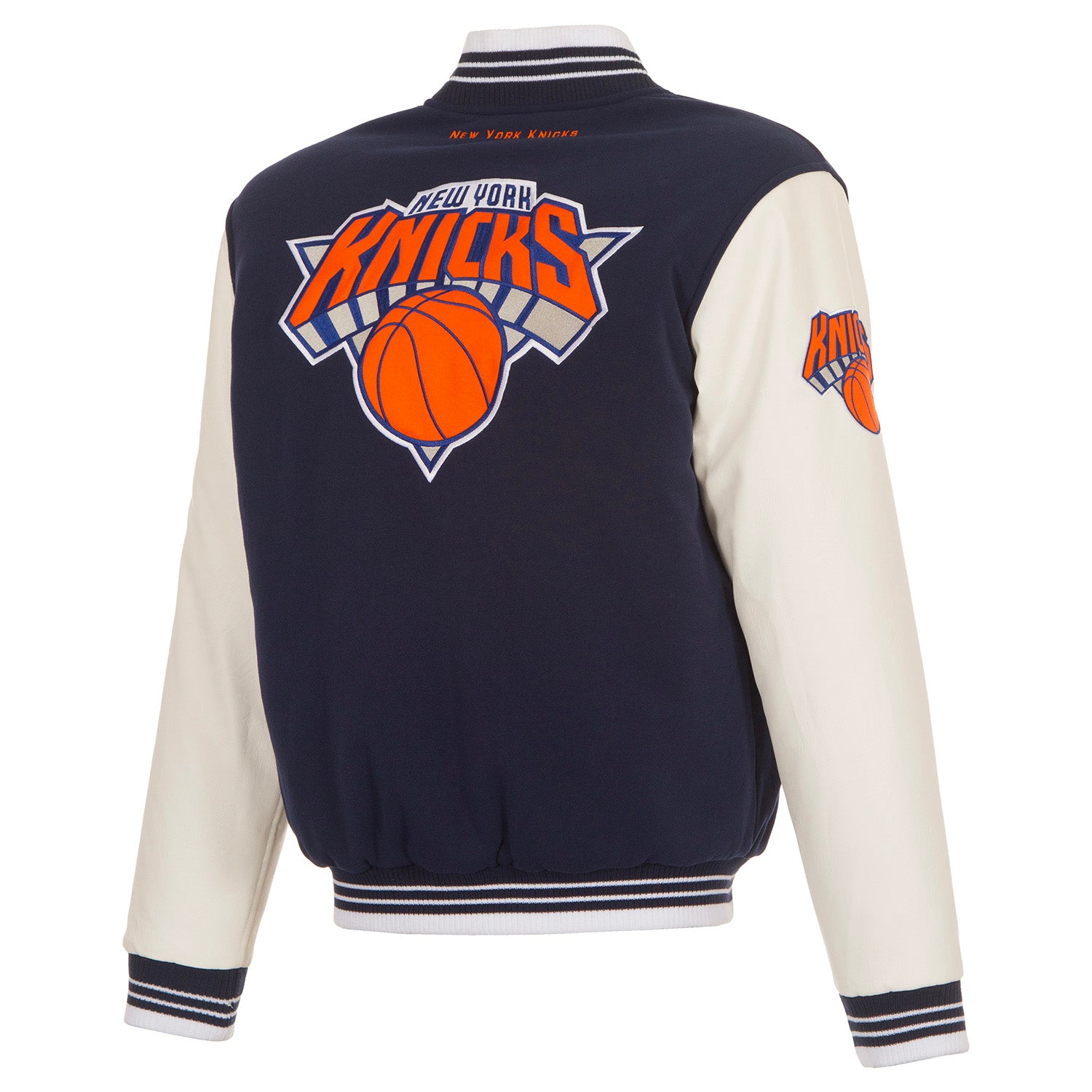 JH Design Knicks Two-Tone Navy/White Patched Varsity Jacket - Back View