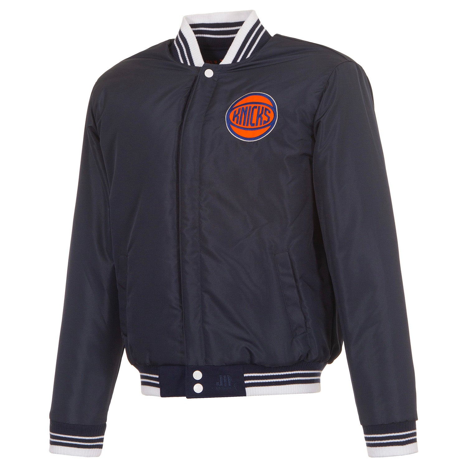 JH Design Knicks Two-Tone Navy/White Patched Varsity Jacket - Front View