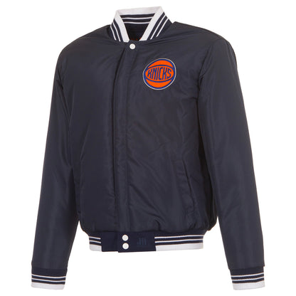 JH Design Knicks Two-Tone Navy/White Patched Varsity Jacket - Front View
