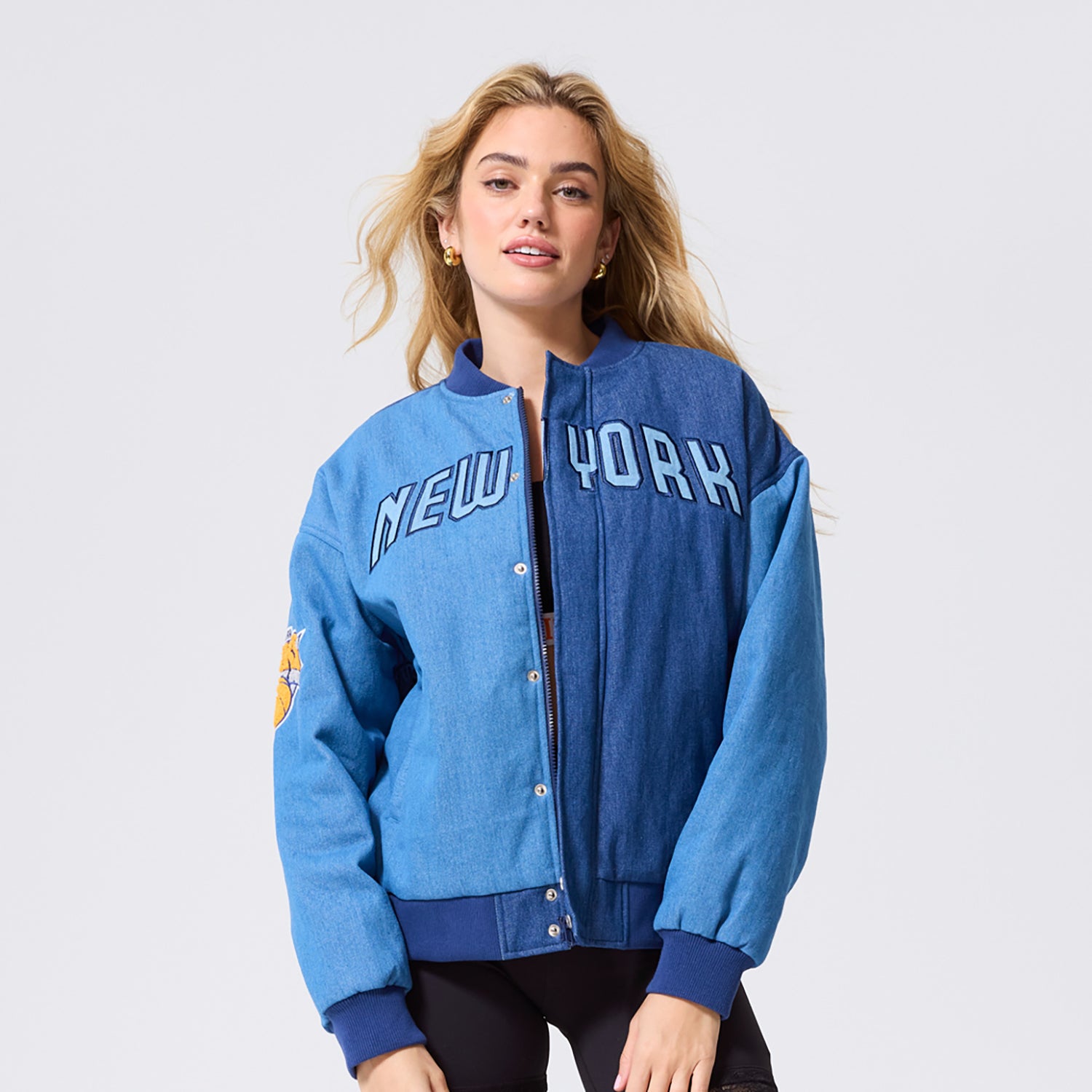 Terez Knicks Denim Bomber Jacket - Front View