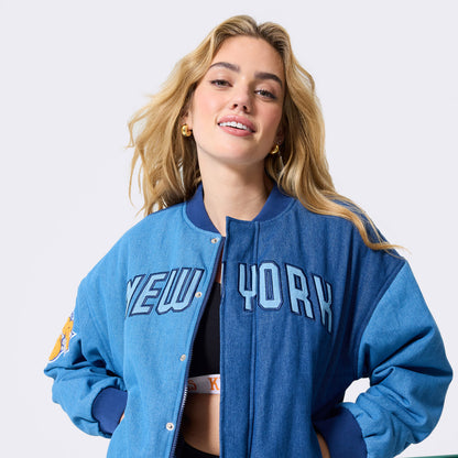 Terez Knicks Denim Bomber Jacket - Front View