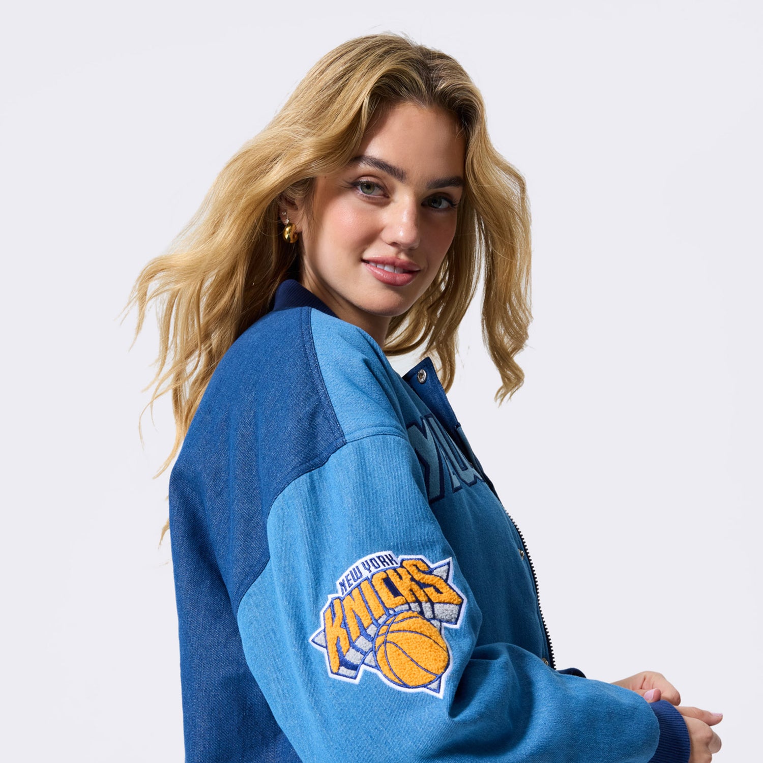 Terez Knicks Denim Bomber Jacket - Side View