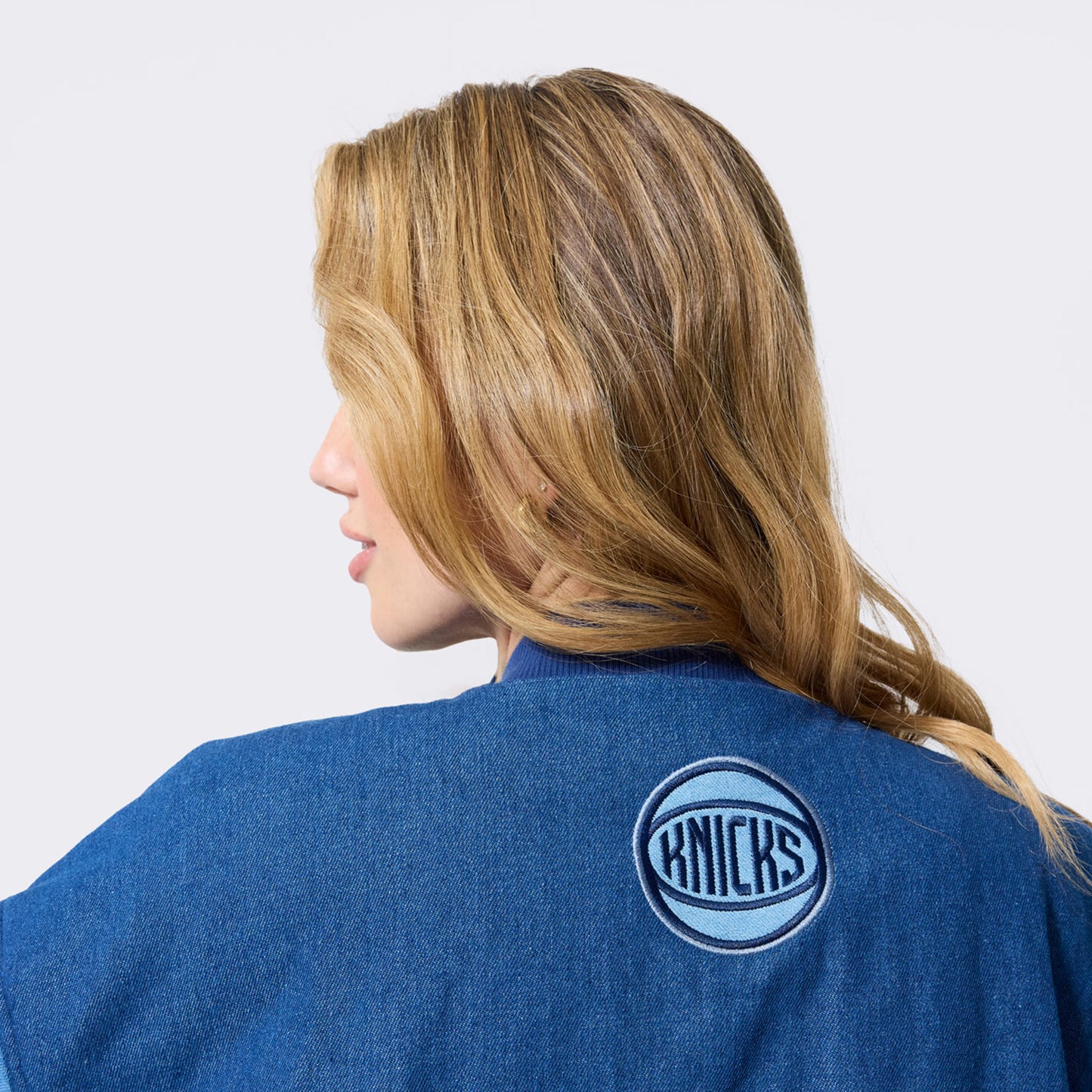 Terez Knicks Denim Bomber Jacket - Back View