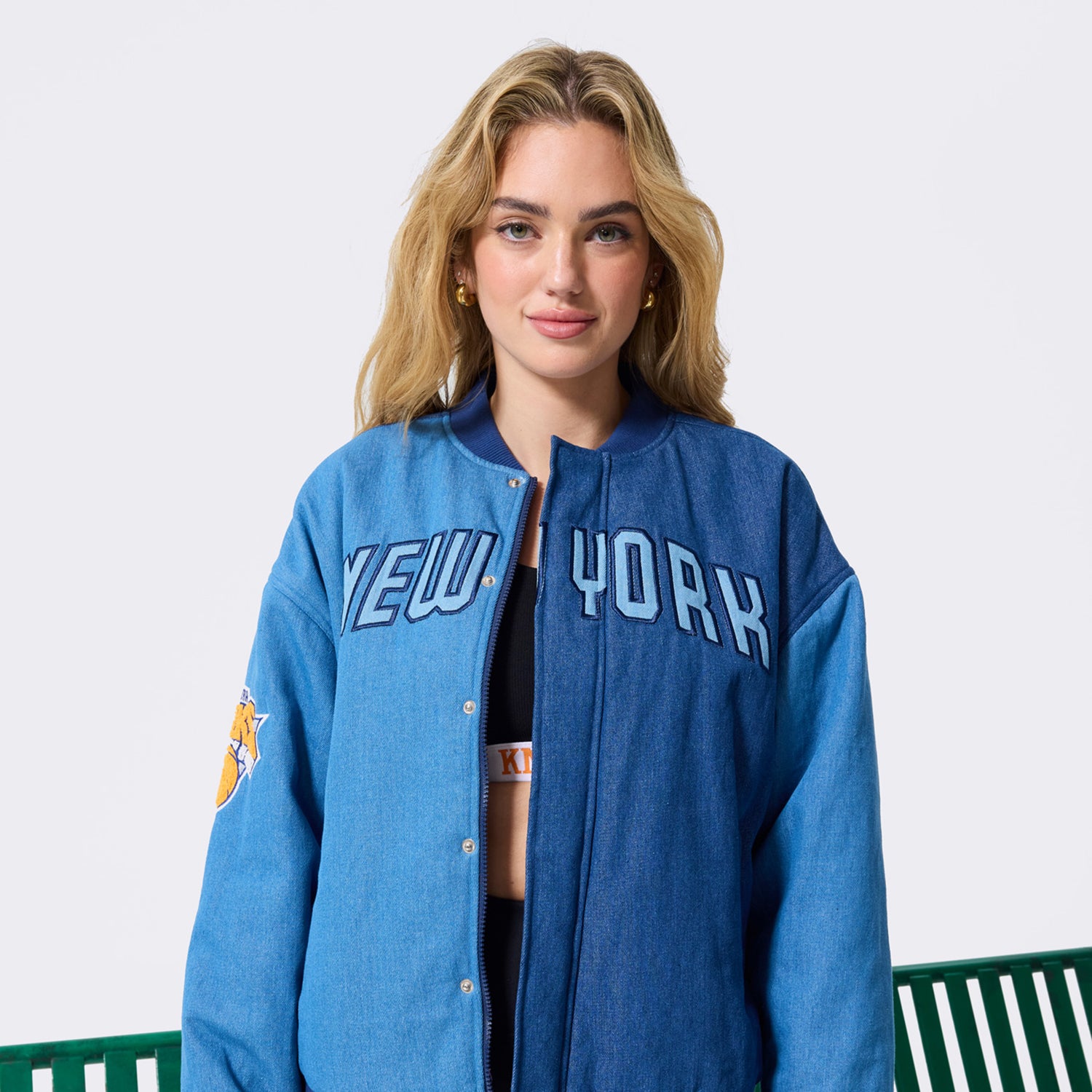 Terez Knicks Denim Bomber Jacket - Front View