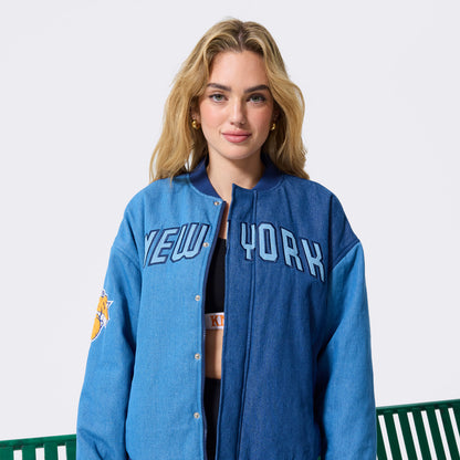 Terez Knicks Denim Bomber Jacket - Front View