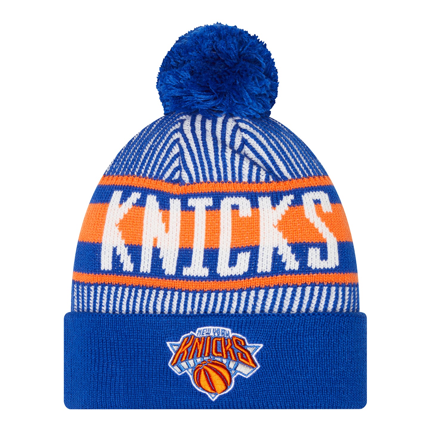 New Era Knicks Royal Striped Pom Knit Beanie In Blue - Front View