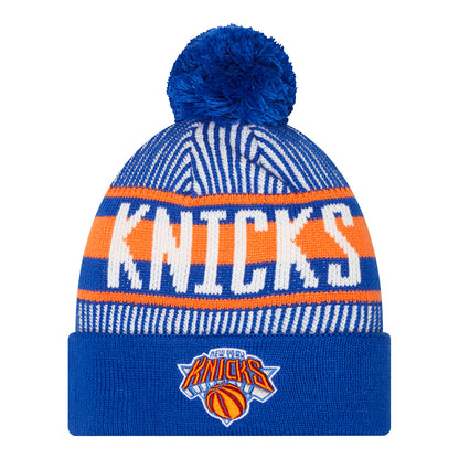 New Era Knicks Royal Striped Pom Knit Beanie In Blue - Front View