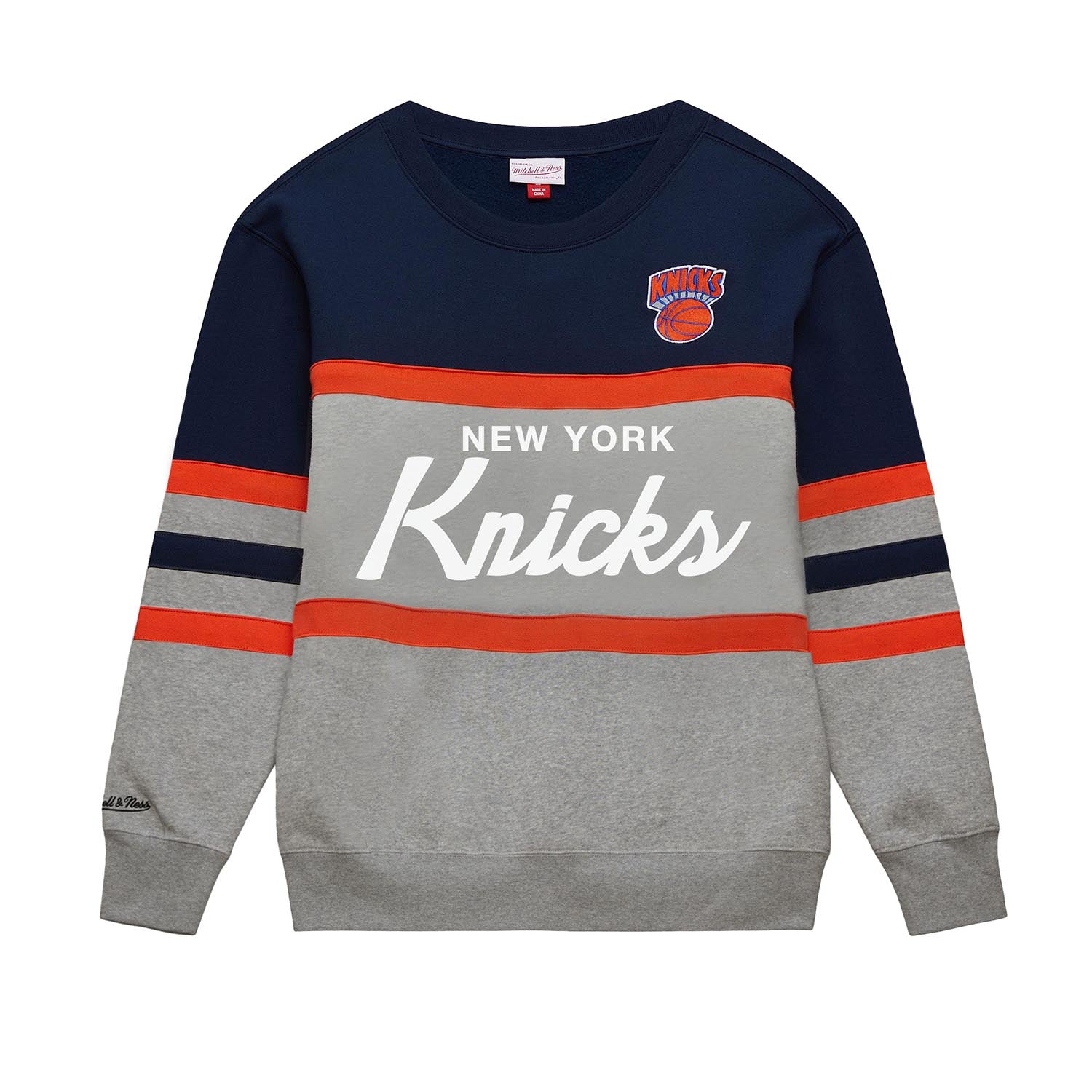 Mitchell & Ness Knicks Grey/Navy Head Coach Fleece Crew - Front View