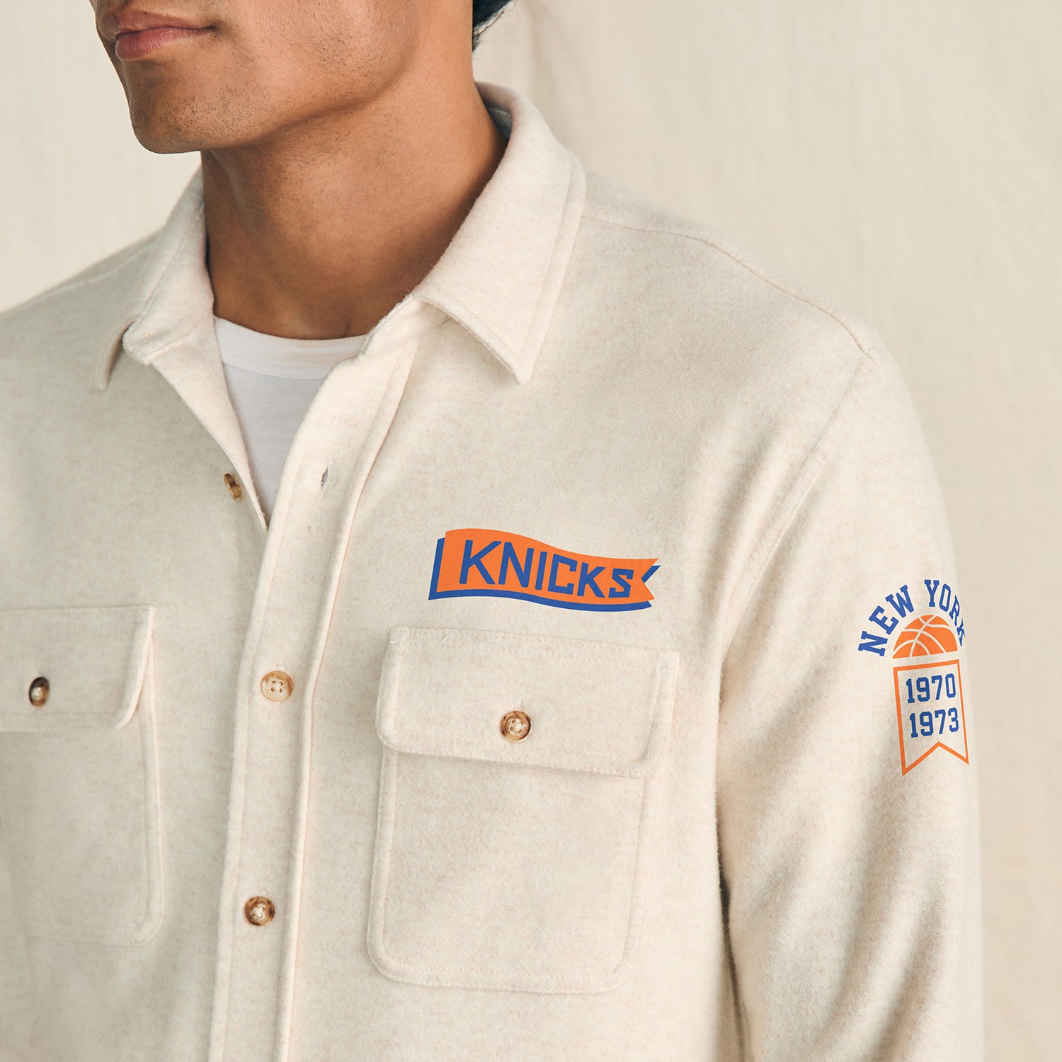 Faherty Knicks Cream Legend Sweater Shirt - Close Front View