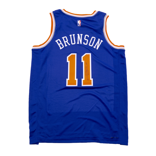 #11 Jalen Brunson Autographed Knicks Swingman Jersey and Basketball - Jersey View