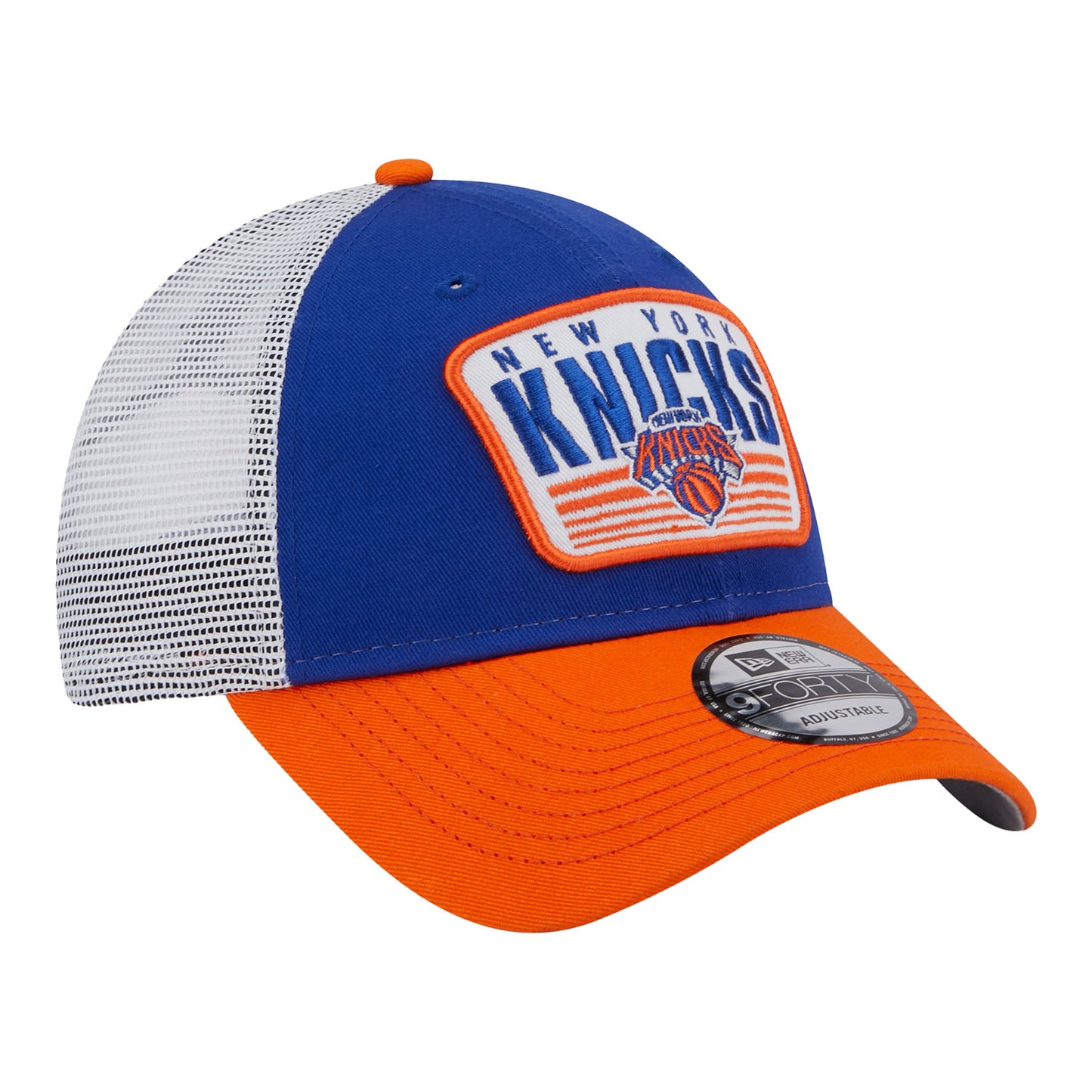 Youth New Era Knicks Two-Tone Patch Adjustable Hat - In Blue And Orange - Angled Right View
