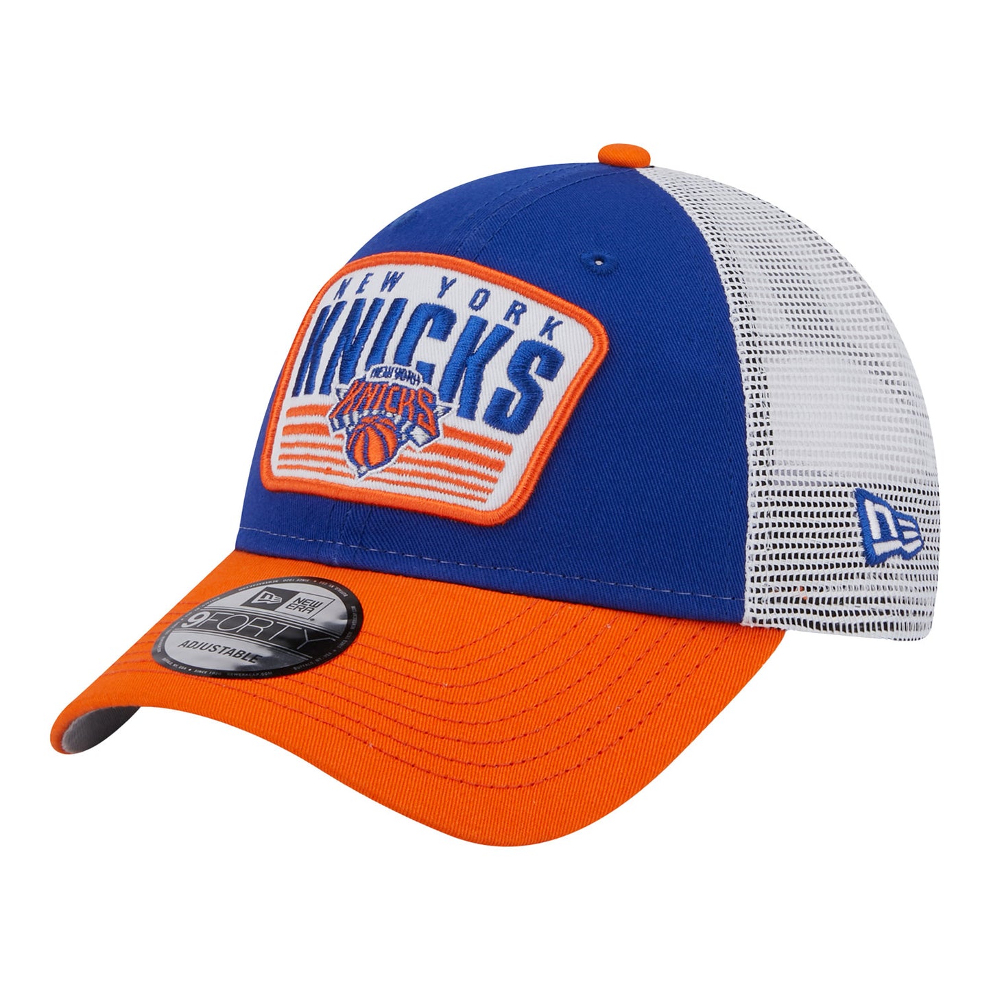 Youth New Era Knicks Two-Tone Patch Adjustable Hat - In Blue And Orange - Angled Left View