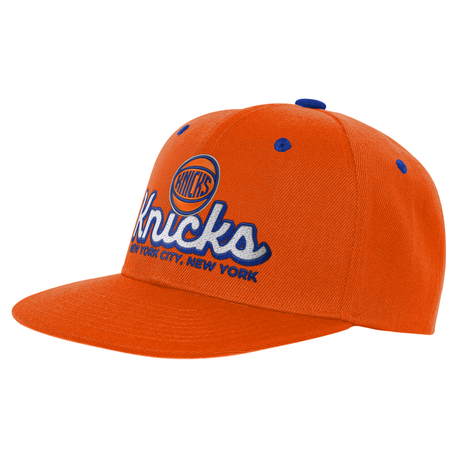 Youth Knicks Script Orange Flatbrim Snapback - Front Left View