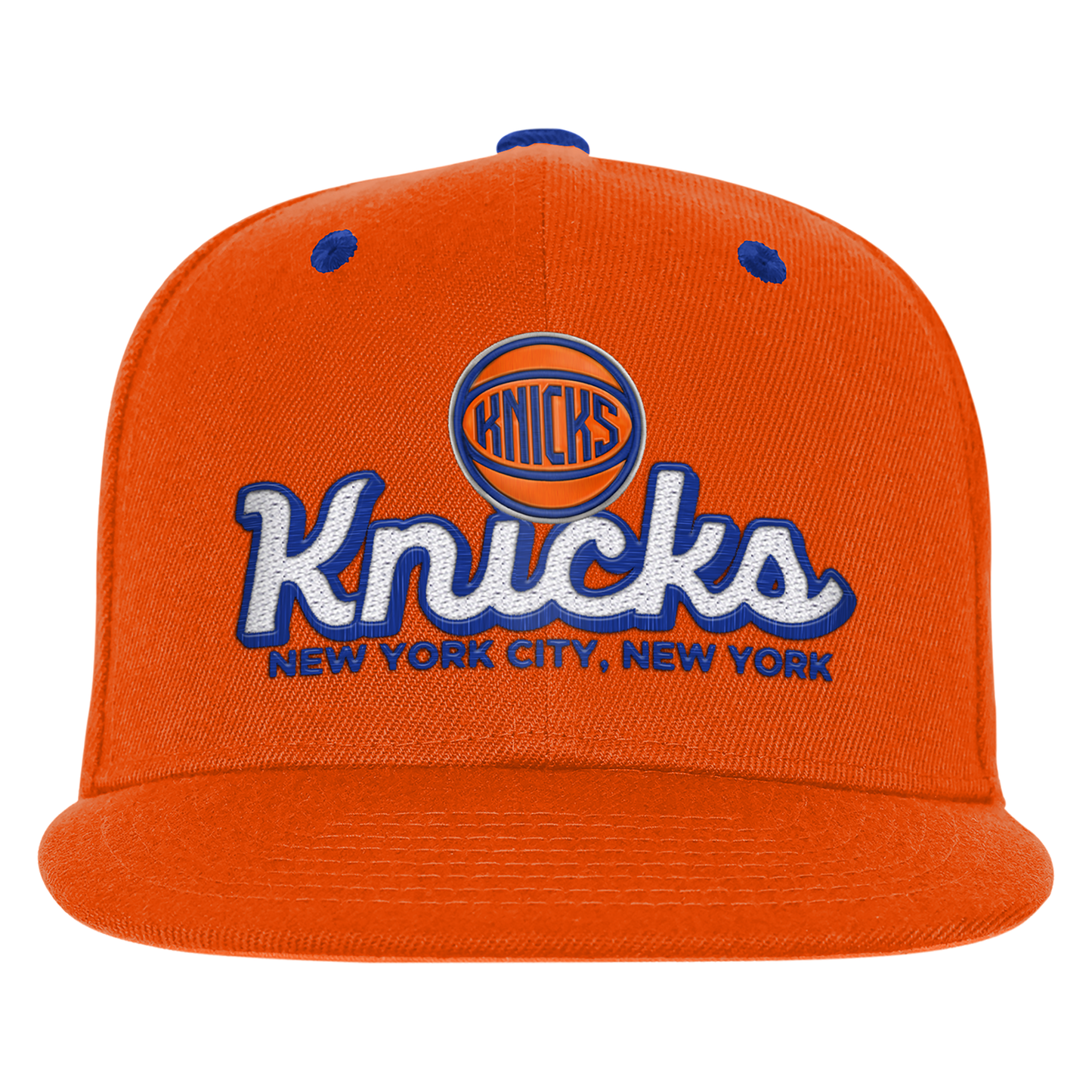 Youth Knicks Script Orange Flatbrim Snapback - Front View