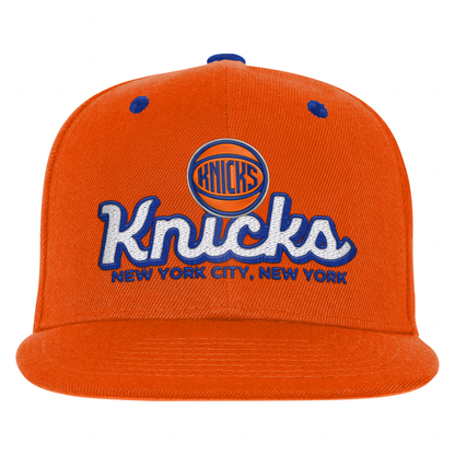 Youth Knicks Script Orange Flatbrim Snapback - Front View