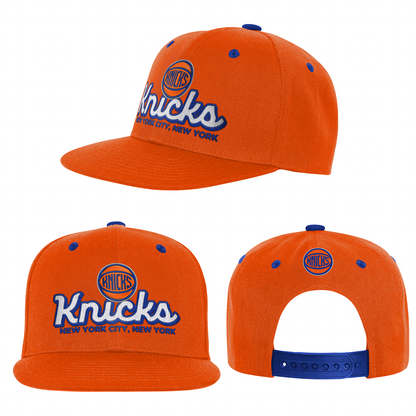 Youth Knicks Script Orange Flatbrim Snapback - Full View