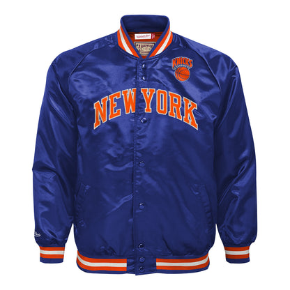 Mitchell & Ness Youth Knicks Satin Jacket In Blue - Front View