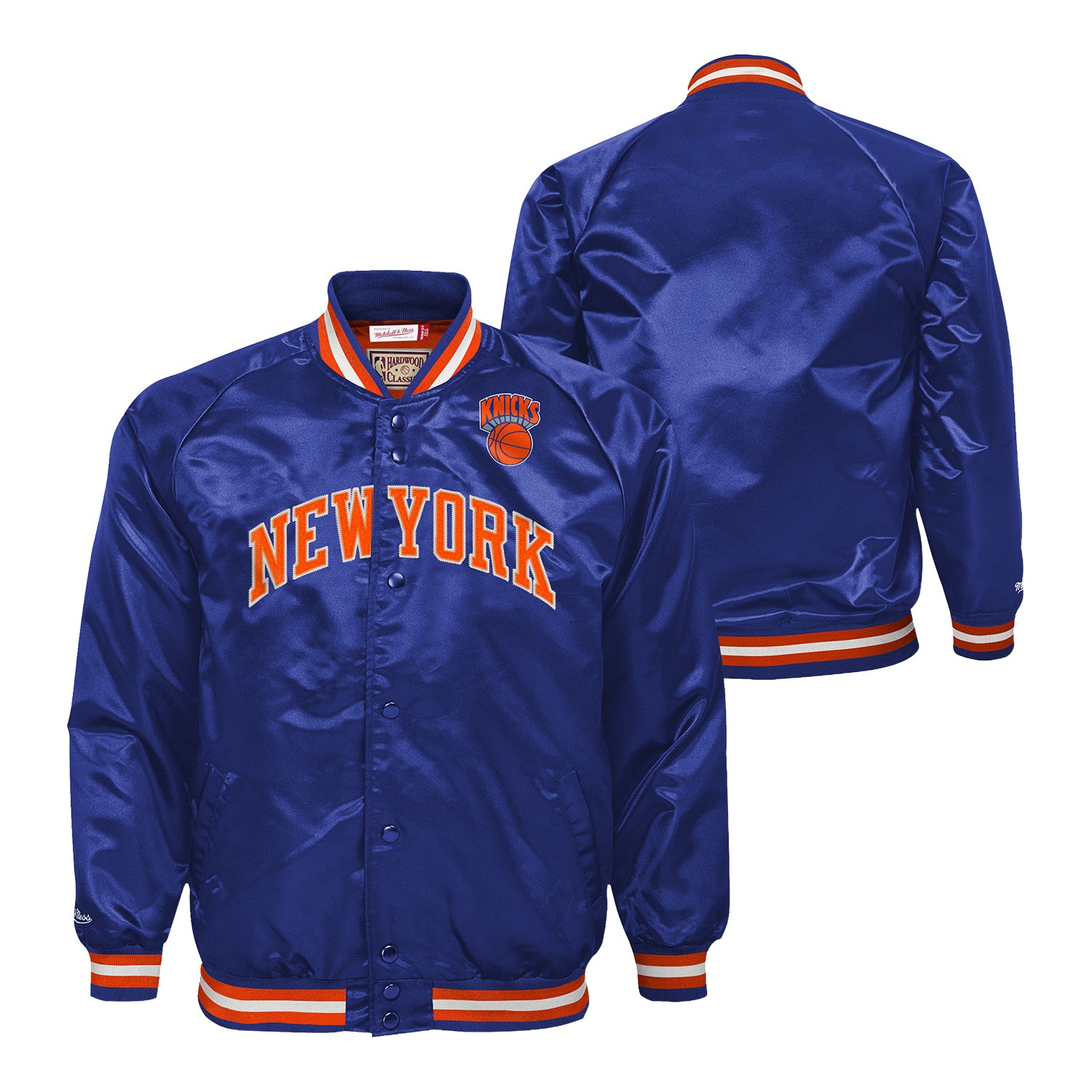 Mitchell & Ness Youth Knicks Satin Jacket In Blue - Front & Back View